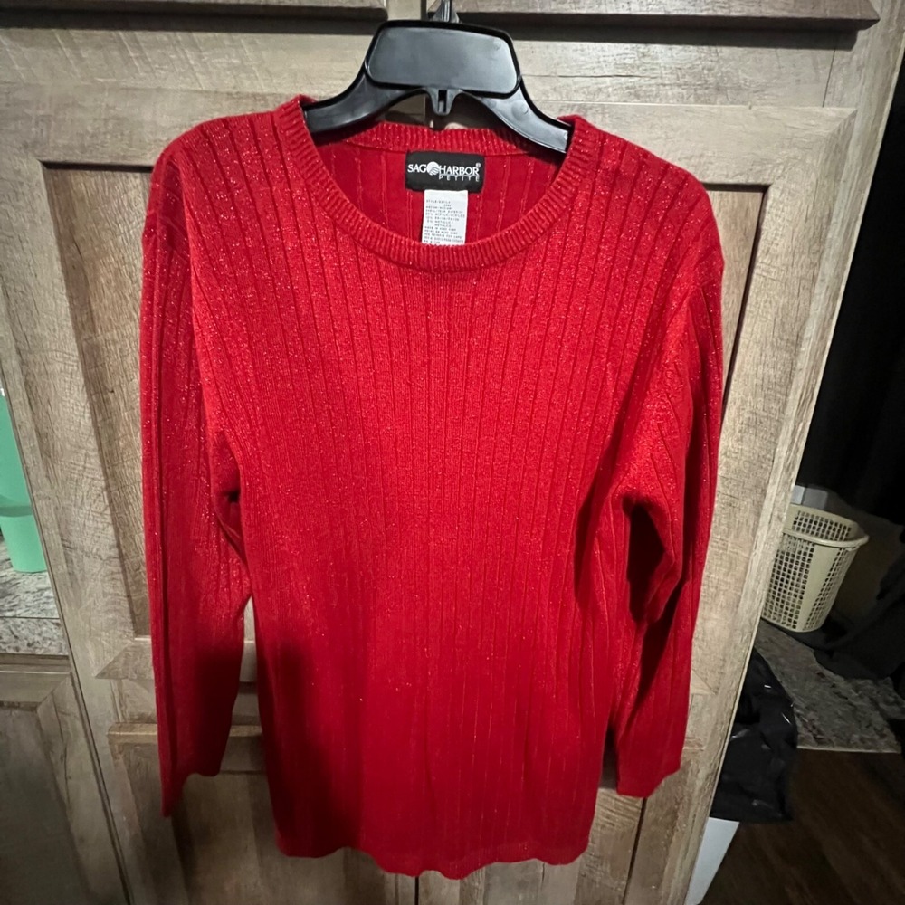 Sag Harbor Petite Red Ribbed Sweater Medium Acrylic/Rayon Blend